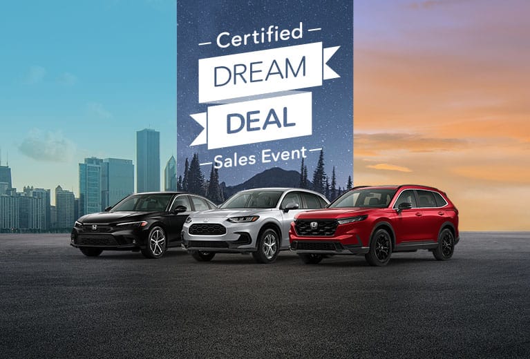 3 certified pre-owned Hondas in Black, silver and red lined up for the dream deal sales event