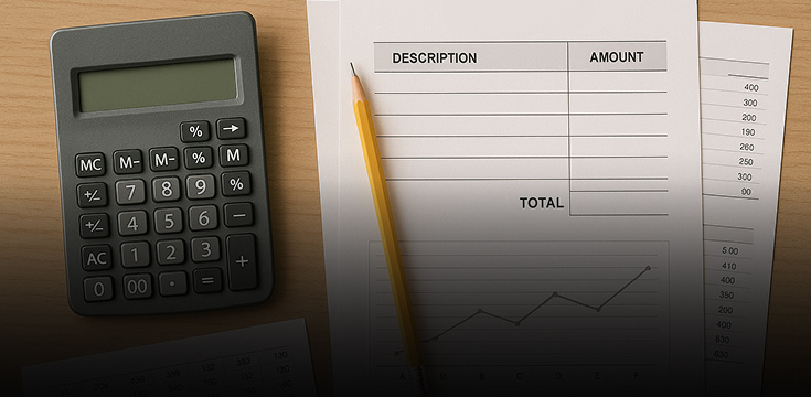 Calculator, pencil, and financial planning documents.