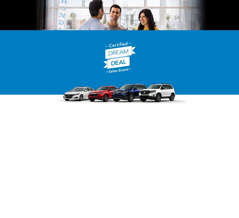 2022 Honda Accord, HR-V, Pilot and 2023 Honda Passport front profile for the Dream Deal Sales Event.