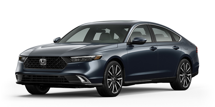 2023 Accord Touring Hybrid 3/4 front view in Meteorite Gray Metallic.