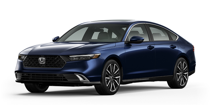 2023 Accord Touring Hybrid 3/4 front view in Canyon River Blue Metallic.