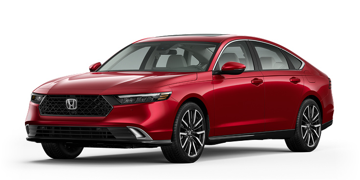 2026 Accord Touring Hybrid 3/4 front view in Radiant Red Metallic.