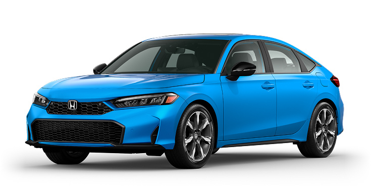 2026 Civic Hatchback Sport Touring Hybrid 3/4 front view in Boost Blue Pearl.