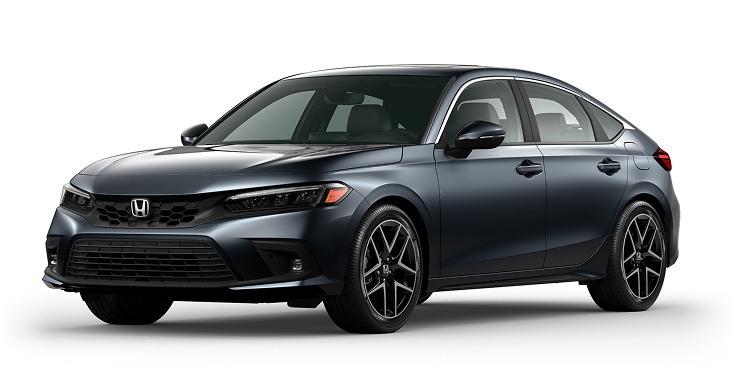 2022 Civic Hatchback Sport Touring Hybrid 3/4 front view in Meteorite Gray Metallic.