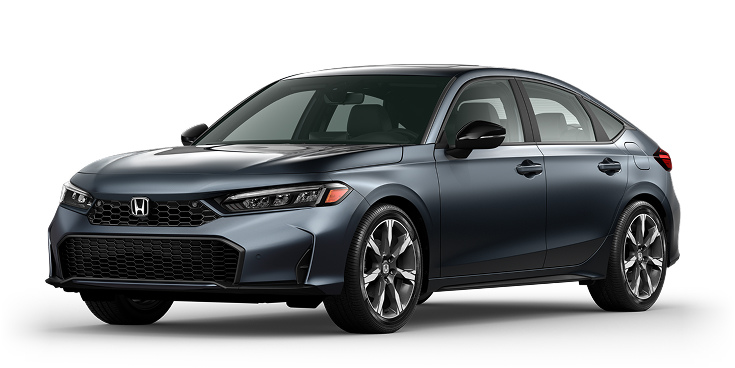 2026 Civic Hatchback Sport Touring Hybrid 3/4 front view in Meteorite Gray Metallic.