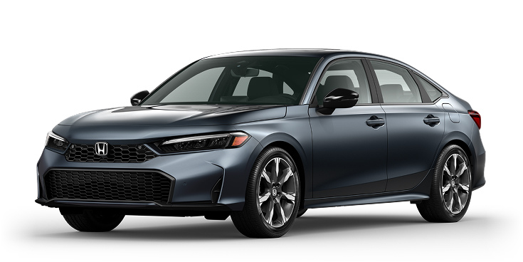 2026 Civic Sedan Sport Touring Hybrid 3/4 front view in Meteorite Gray Metallic.