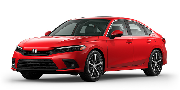 2022 Civic Sedan Sport Touring Hybrid 3/4 front view in Rallye Red.