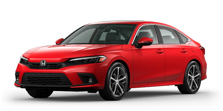 2023 Civic Sedan Sport Touring Hybrid 3/4 front view in Rallye Red.