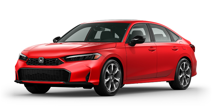 2026 Civic Sedan Sport Touring Hybrid 3/4 front view in Rallye Red.