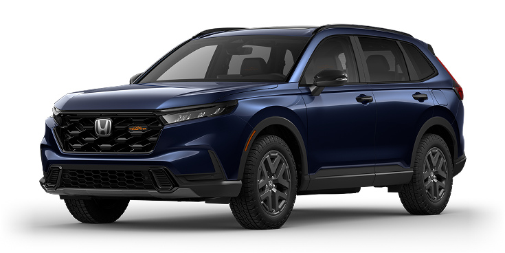 2026 CR-V TrailSport Hybrid 3/4 front view in Canyon River Blue Metallic.