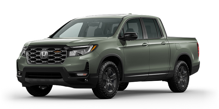 2026 Ridgeline TrailSport 3/4 front view in Ash Green Metallic.