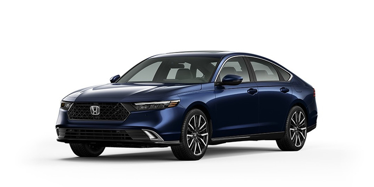 2026 Accord Touring Hybrid 3/4 front view in Canyon River Blue Metallic.