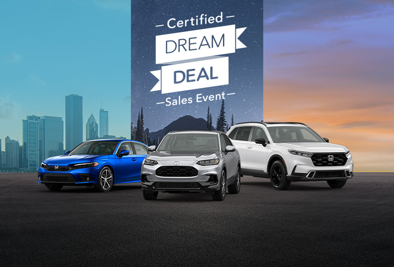 Sales event banner. Line up of 2024 Civic Sedan, 2024 CR-V, and 2025 HR-V shown